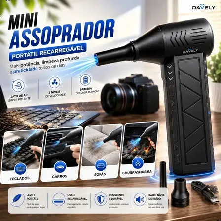 Mini Ventilador Soprador Ar Potente Turbo 130000rpm Assoprador Elétrico Sem Fio Recarregável USB-C 3 Níveis Jato Forte Portátil Multiuso Limpeza Teclado Carro Acende Churrasqueira Davely
