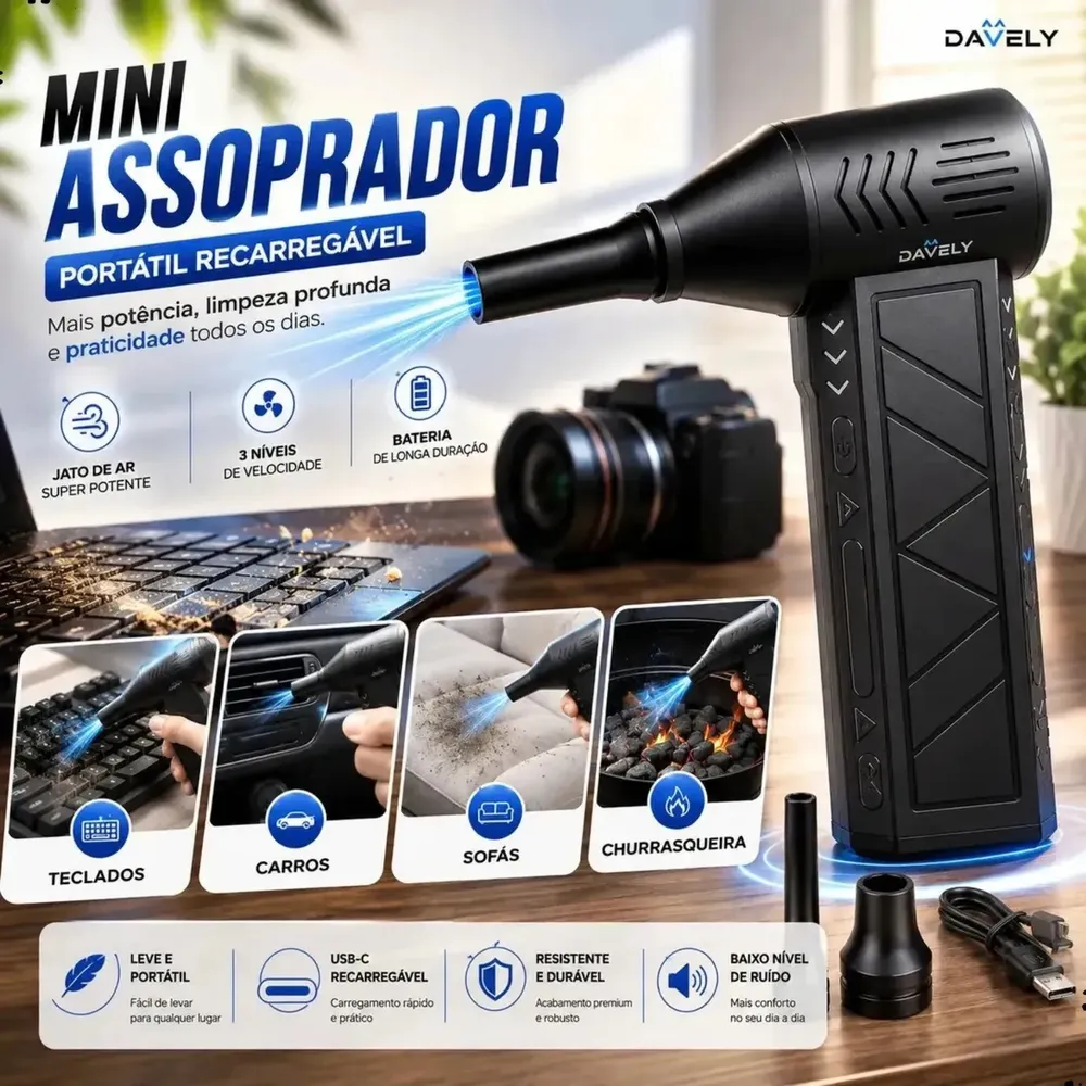 Mini Ventilador Soprador Ar Potente Turbo 130000rpm Assoprador Elétrico Sem Fio Recarregável USB-C 3 Níveis Jato Forte Portátil Multiuso Limpeza Teclado Carro Acende Churrasqueira Davely