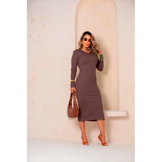 Vestido Canelado Midi Feminino Casual Com Fenda Lateral 1926