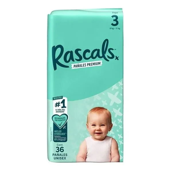 3 Pza Pañales Rascal + Friends Premium Etapa 3 Unisex 36 Pza