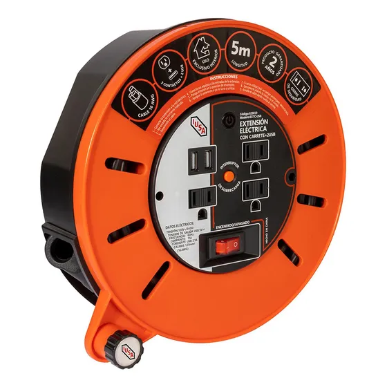 Extensión Eléctrica D'carrete Iusa, 5m, 3 Entradas + 2 Usb