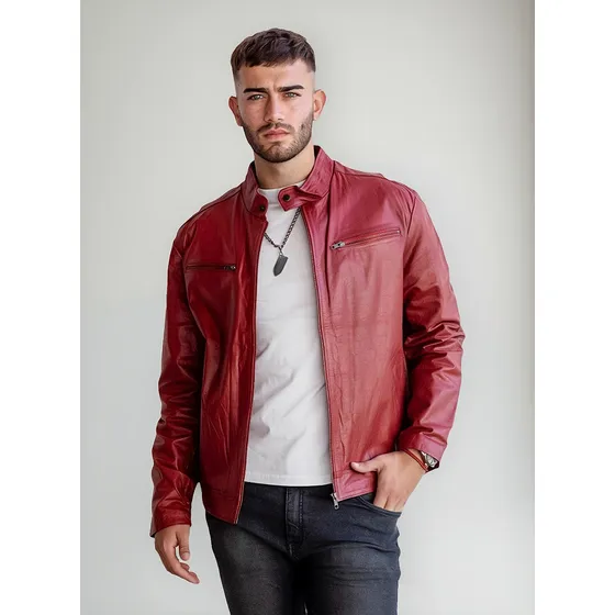 Campera De Cuero Vacuno Motoquera De Hombre Roja Cross