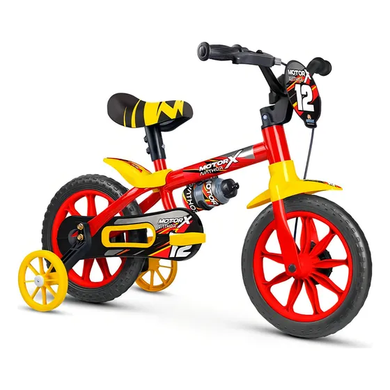 Bicicleta passeio infantil Nathor Motor X PU R12 - vermelho/amarelo