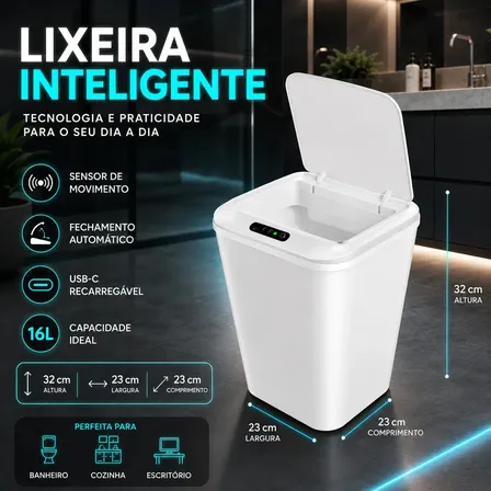 Lixeira Smart Inteligente 16 Litros Quadrada Sensor De Movimento Automático No Touch Branca