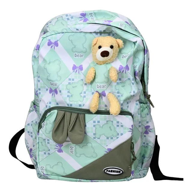 Mochila Infantil Peluche, Porta Botella Y Bolsillos De Tela Color Verde Claro Diseño De La Tela Patrones