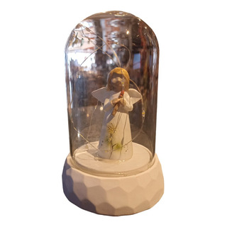 Castiçal Em Vidro E Resina Anjo Na Cúpula Com Led 15x9,5cm Castiçal Em Vidro E Resina Anjo Na Cúpula Com Led 15x9,5cm