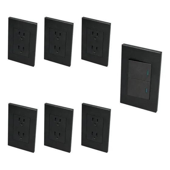 Kit De 6 Placas Con Contacto Dúplex Negro Y 1 Doble Apagador