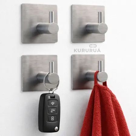 Kit 4 Ganchos Adesivo De Parede Inox Pendurar Toalhas Roupas Cabide De Banheiro Cor Cinza Marca Kururuá