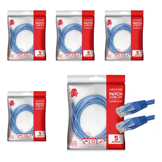5x Cabo De Rede Internet Gigabit Cat5e Até 1gb Azul 5 Metros