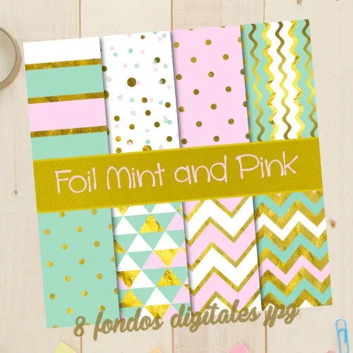 Kit Imprimible Papel Digital Verde  Menta Dorado Y Rosado