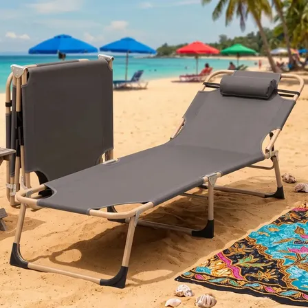 Espreguiçadeira De Praia Camping Dobravel Portátil Resistente Suporta 120kg Com Almofada LED TOOLS