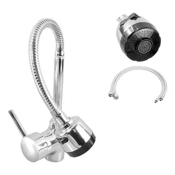 Llave Mezcladora Fregadero Flexible 2 Chorros Lion 3309 Acabado Brillante Color Plateado
