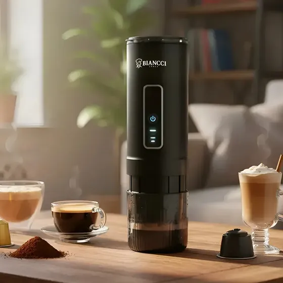 Cafetera Portátil 3 En 1 Hs-8492 Biancci Para Capsulas Nespresso/ Dolce Gusto/ Café En Grano Molido - Acero Inoxidable 20 Bar Carga Rápida Capacidad 90ml Potencia 140w Espresso Luz Indicadora