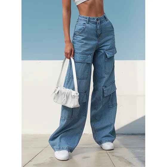 Pantalones Jeans Cargo De Mujer Bolsillos Anchos