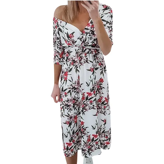 - Vestido Largo Verano Estampado Floral Para Mujer Cuello V