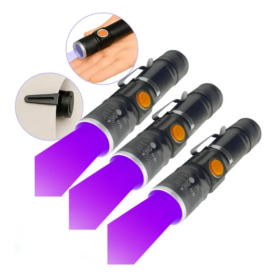 Kit 3 Mini Lanternas Táticas UV Recarregáveis USB, com Zoom e 3 Modos, para Detecção de Escorpiões e Notas