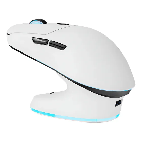 Mouse Gamer Inalambrico Thunderobot Ml7 Blanco Paw3311 Recargable 1000hz 12000dpi Rgb Con Soporte De Carga Sistema De Prepresión De Teclas Independientes Con cable + USB 2.4Ghz Receptor + Bluetooth
