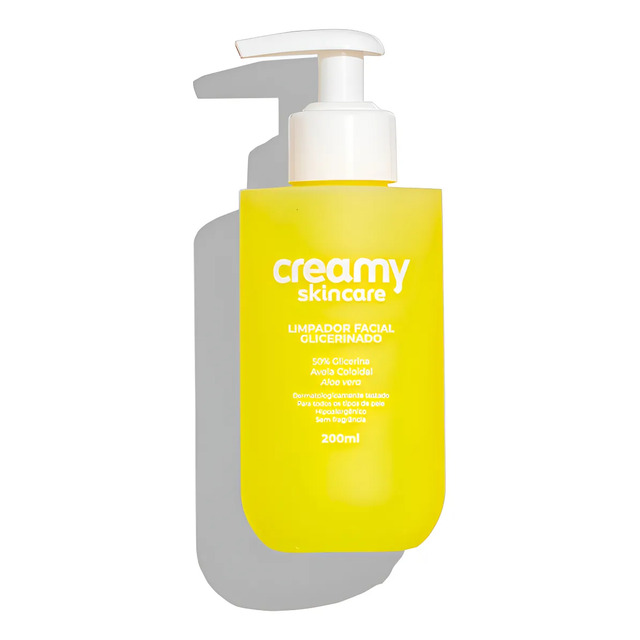 Frasco amarelo de 200ml do Limpador Facial Glicerinado Creamy Skincare com válvula pump branca