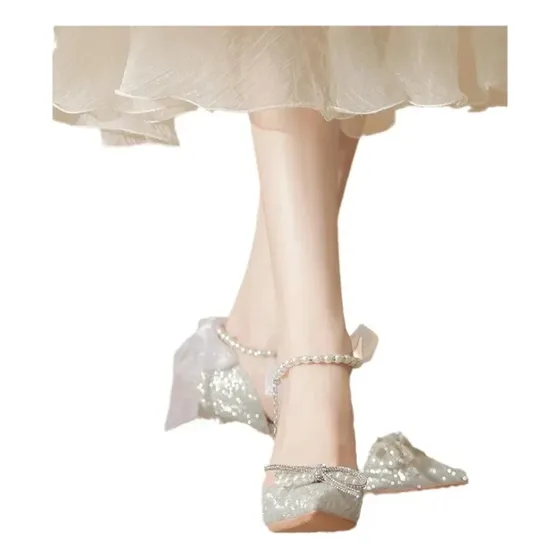 Hermosas Sandalias Plateadas Con Tacón Alto Pearl Baotou Par