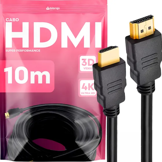 Cabo Hdmi Gold 10m Metros Marqs Home 1.4 HDMI Preto Mts 4k 3d Full Hd Blindado Tv Pc Video Game