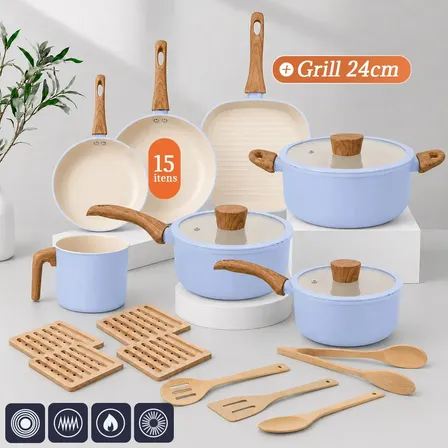 Conjunto de Panelas Tuut Neoglide Indução Com Grill e 15 Peças Antiaderente Cerâmico Azul