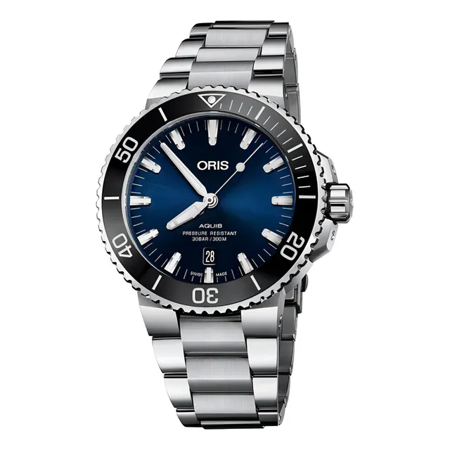 Reloj Oris Aquis 73377304135 Con Fechador Automático Correa Plateado Bisel Negro Fondo Azul