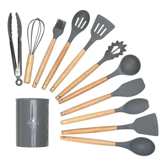 Set X12 Utensilios De Cocina Mango Madera Punta Silicona ..