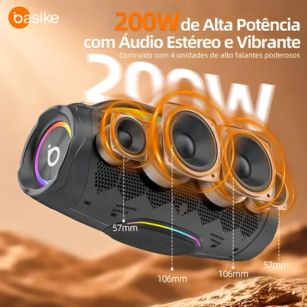 Caixa De Som Bluetooth Basike 200w Portátil Boombox 13.5 Pol Tws Bass Boost Ipx6 Bateria 20000mah Rgb Para Festa Preto 127/220v