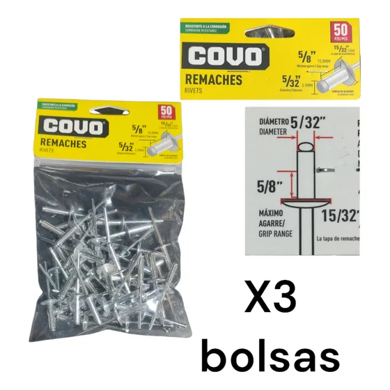 Remache Aluminio Ala Ancha 5/32 X 5/8 Pack D 50 Remache Covo