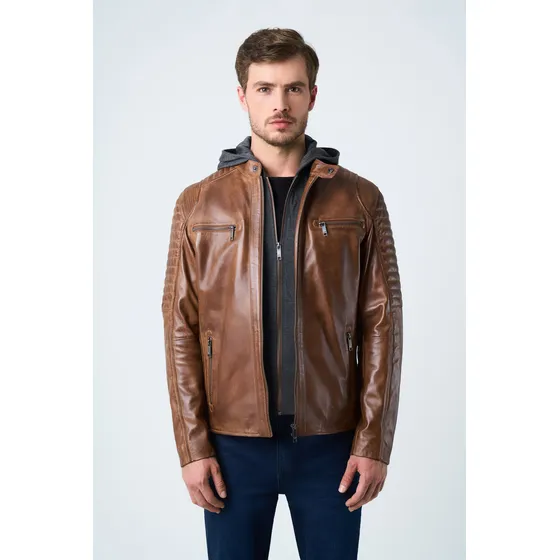 Vélez Casaca Belmont De Cuero Para Hombre Capucha Miel