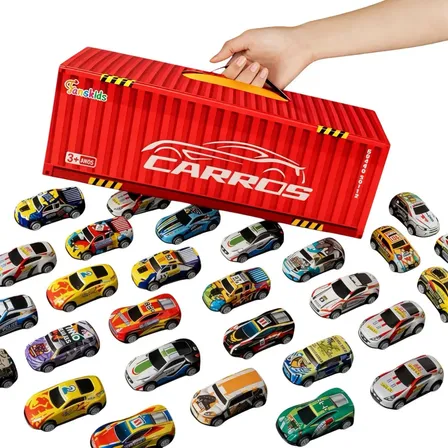 Kit 48 Mini Carrinhos De Fricção De Metal Com 2 Pistas Com Container Afortunado Imports Sortido