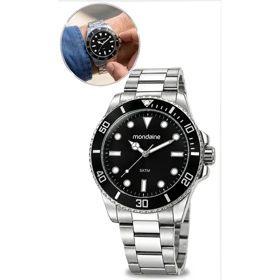 Relógio Mondaine Masculino 32549g0mvne1 Aco Inox Prata Fundo Preto Analogico Prova Dágua 50m