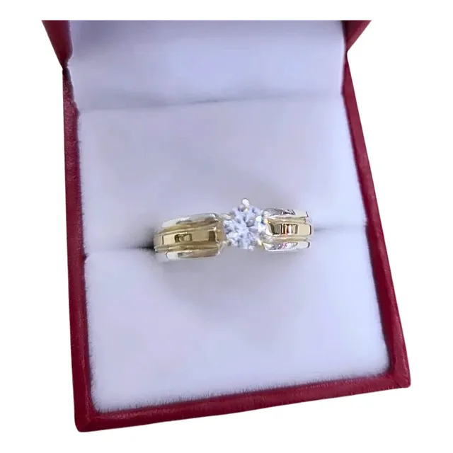 Anillo De Compromiso Plata Y Oro Con Circón Anillo Solitario