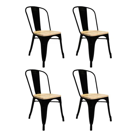 Set De 4 Sillas Tolix Con Asiento De Madera Metalica Acero Tolixkit#4 Kingshouse Negro