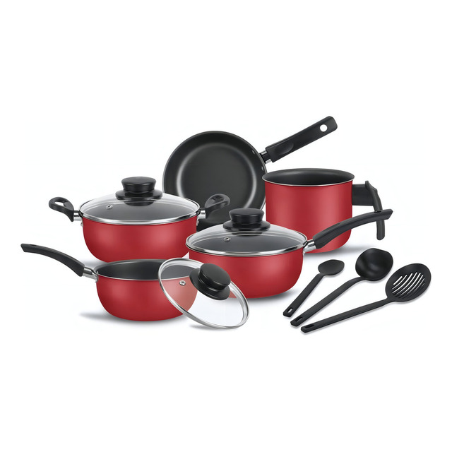 Conjunto De Panelas Com 8 Pçs Elegan Teflon E Tampa De Vidro Cor Vermelho Conjunto De Panelas Com 8 Pçs Elegan Teflon E Tampa De Vidro Cor Vermelho