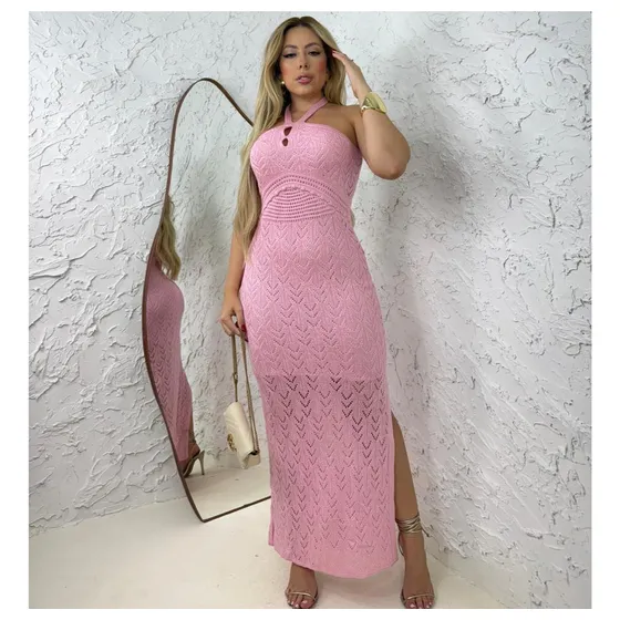 Vestido Feminino Longo Rendado Tricô Forrado Com Amarração