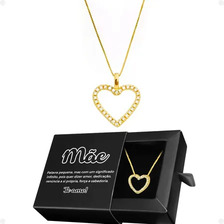 Colar Feminino Ouro Dourado Delicado Aço Strass Barato Caixa Dourado