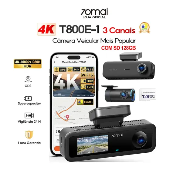 Câmera Veicular 3 Canais 4K+1080P+1080P 70mai T800E-1 Com SD 128GB GPS WiFi 6 APP Camera Carro HDR V