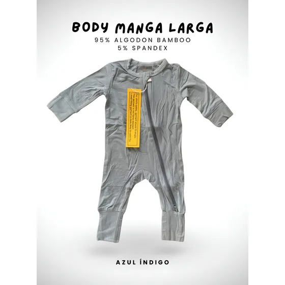 Body Manga Larga Bamboo Bebé Color Azul Indigo 95% Algodón