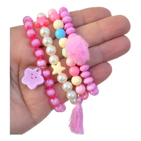 Kit 4 Pulseira Crianças Infantil Elástico Coloridas Miçangas