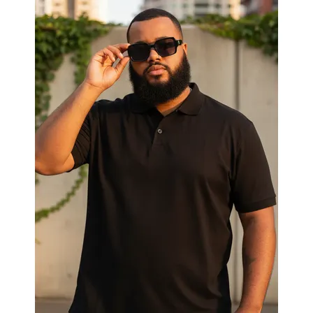 Camisa Polo Plus Size Masculina Lisa Com Punho Preta