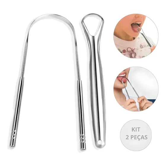 Raspador De Língua Kit 2 Peças Aço Inox Raspagem Lingual