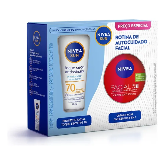Kit Nivea Sun Rotina de Autocuidado Facial com Protetor Solar Toque Seco FPS70 40ml + Nivea Creme Antissinais 5 em 1 100g