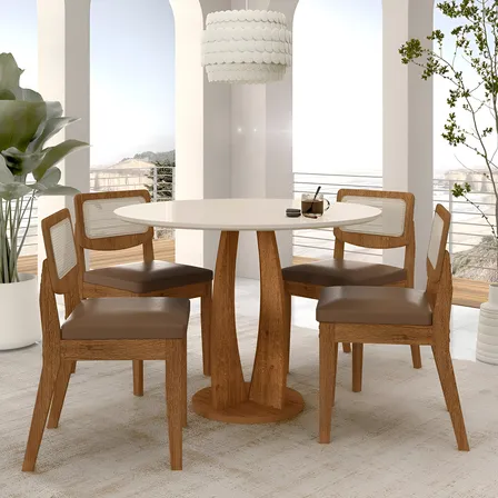 Mesa Redonda Camogli 4 Cad Sextavadas Freij/off/caramelo -ma Cor Freijó/off Pre/corino Caramelo Desenho Do Tecido Das Cadeiras Liso