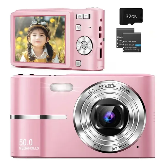 Cámara Digital 1080p Fhd 50mp Con 2 Baterias 32gb Rosa