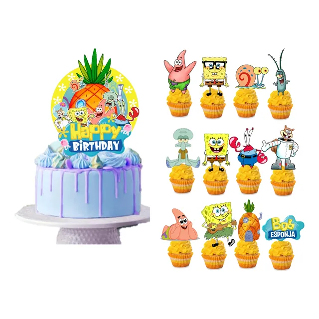 Topper De Torta En 3d Y 12 Pinchos Para Cupcake Bob Esponja