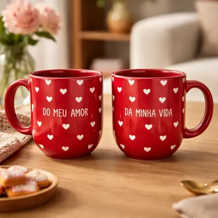 Kit 2 Canecas Cerâmica Coração Vermelho 220ml Casal Vermelho Coração