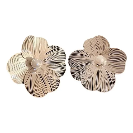 Aros Grande Flor Con Perla Plateado Y Dorado Moda Doble Uso