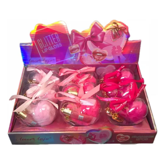 Box Fechado C/9 Uni Glitter Lip Gloss Heart Case + Chaveiro