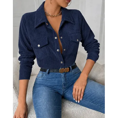 Camisa Feminina Manga Longa Veludo Cotelê Social Botões Luxo Azul-marinho Cotelê G